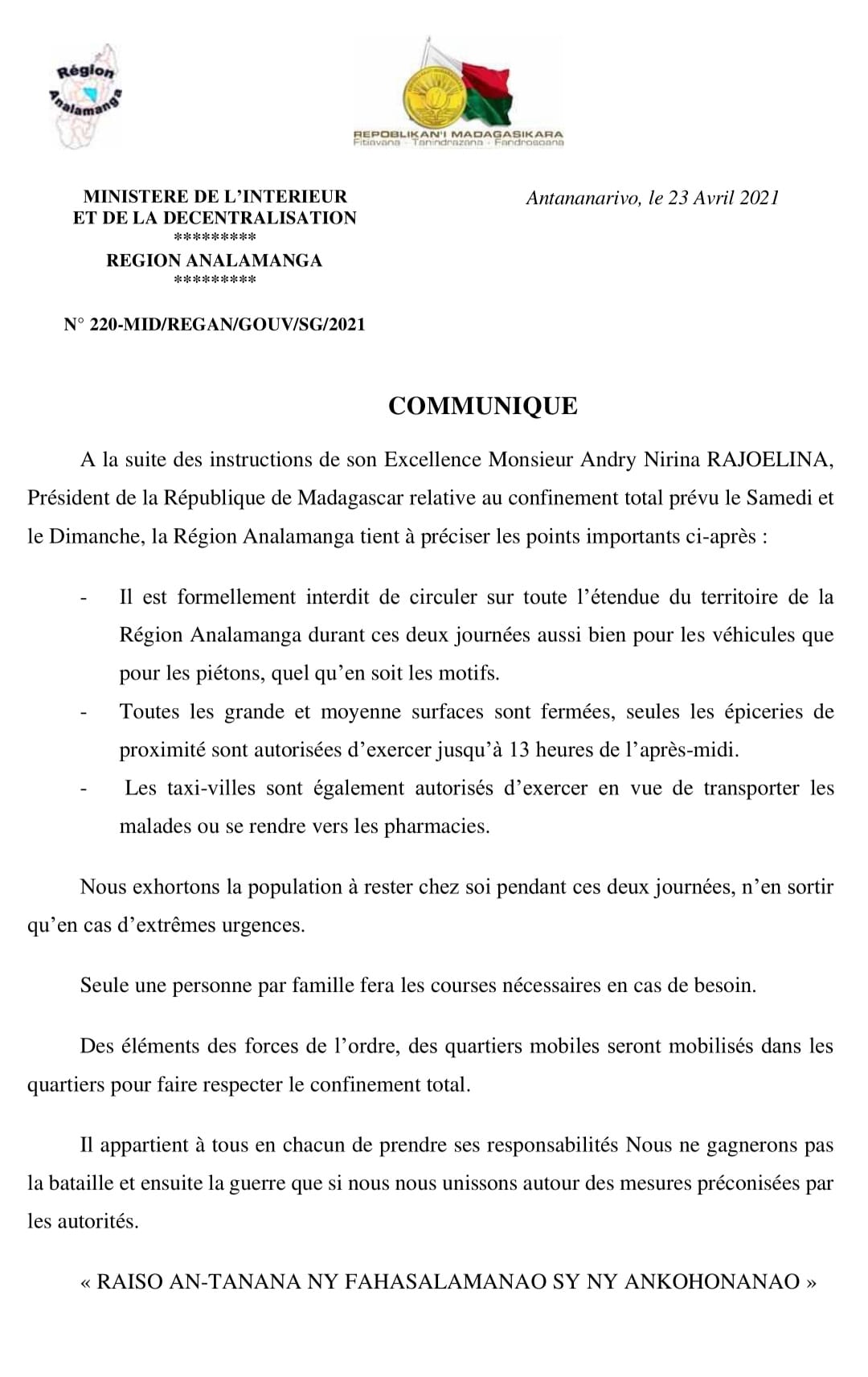 communiqué du 23 avril 2021